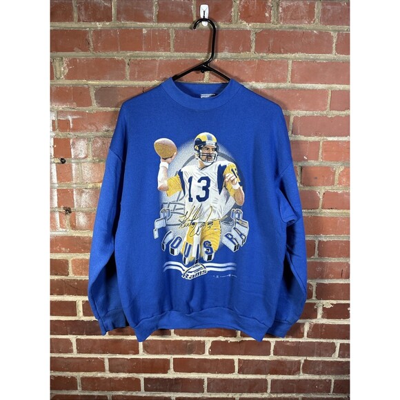 Vintage 90s 1999 Mens Blue St. Louis Rams Kurt Warner NFL Crewneck Adult Large - Picture 1 of 6